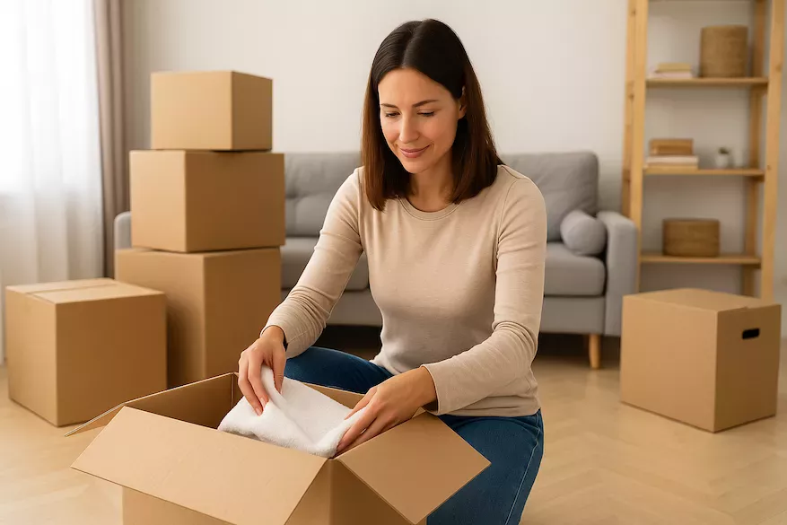 “Person packar upp flyttlådor i nytt hem – organiserar rum och förvaring för ett strukturerat och harmoniskt hem efter flytt”